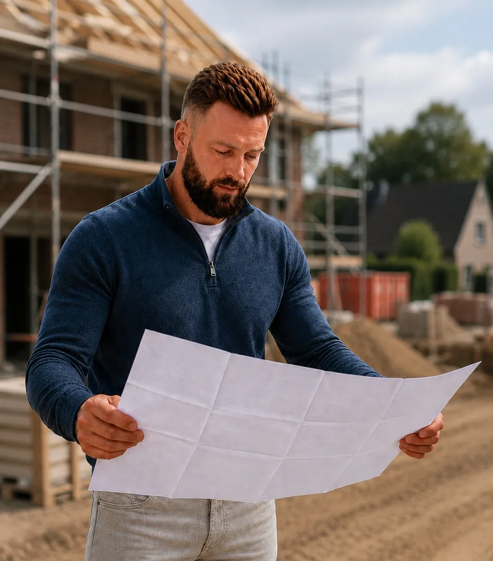 Stefan van Velde Planadvies met een bouwtekening op de bouwplaats